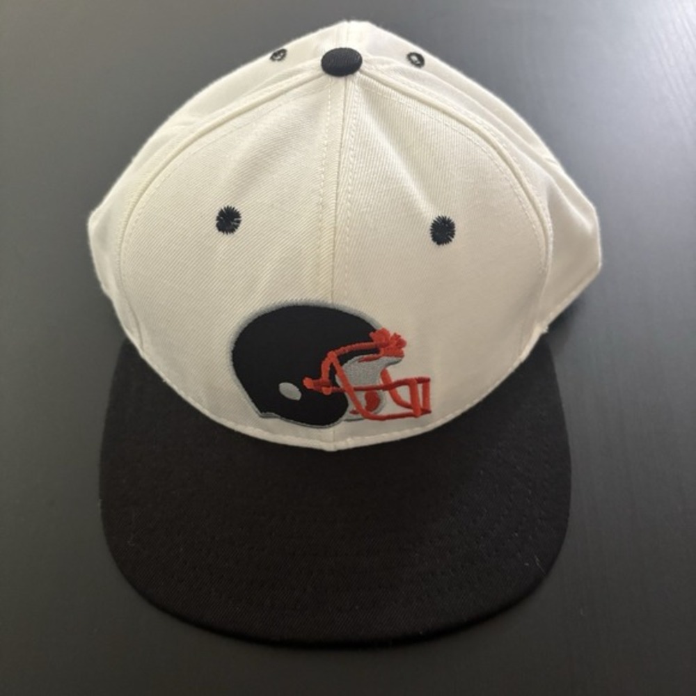 Football Helmet Logo SnapBack Hat Cap Delong USA Made VTG White/Black/Orange M-L